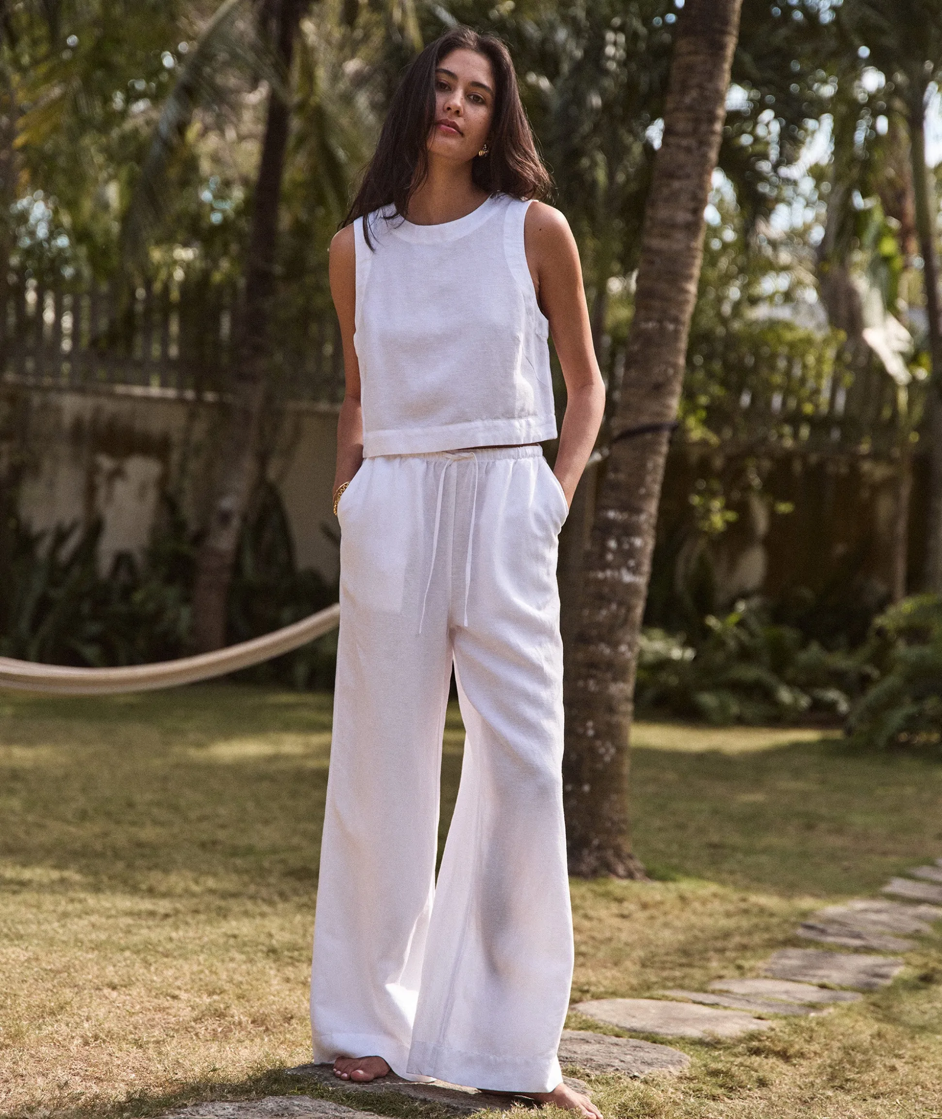 Linen Drawstring Wide Leg Pant