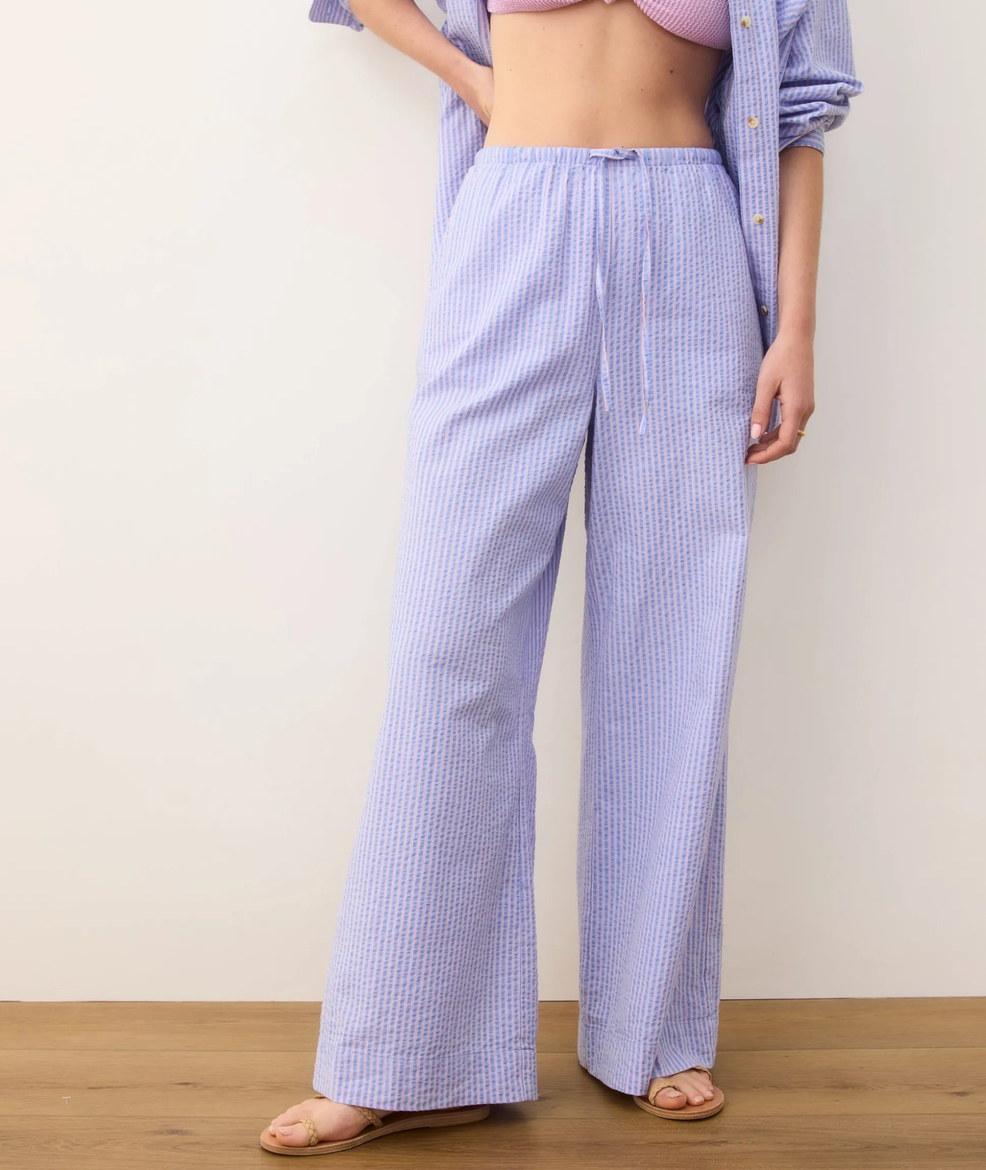 Seersucker Drawstring Wide Leg Pant