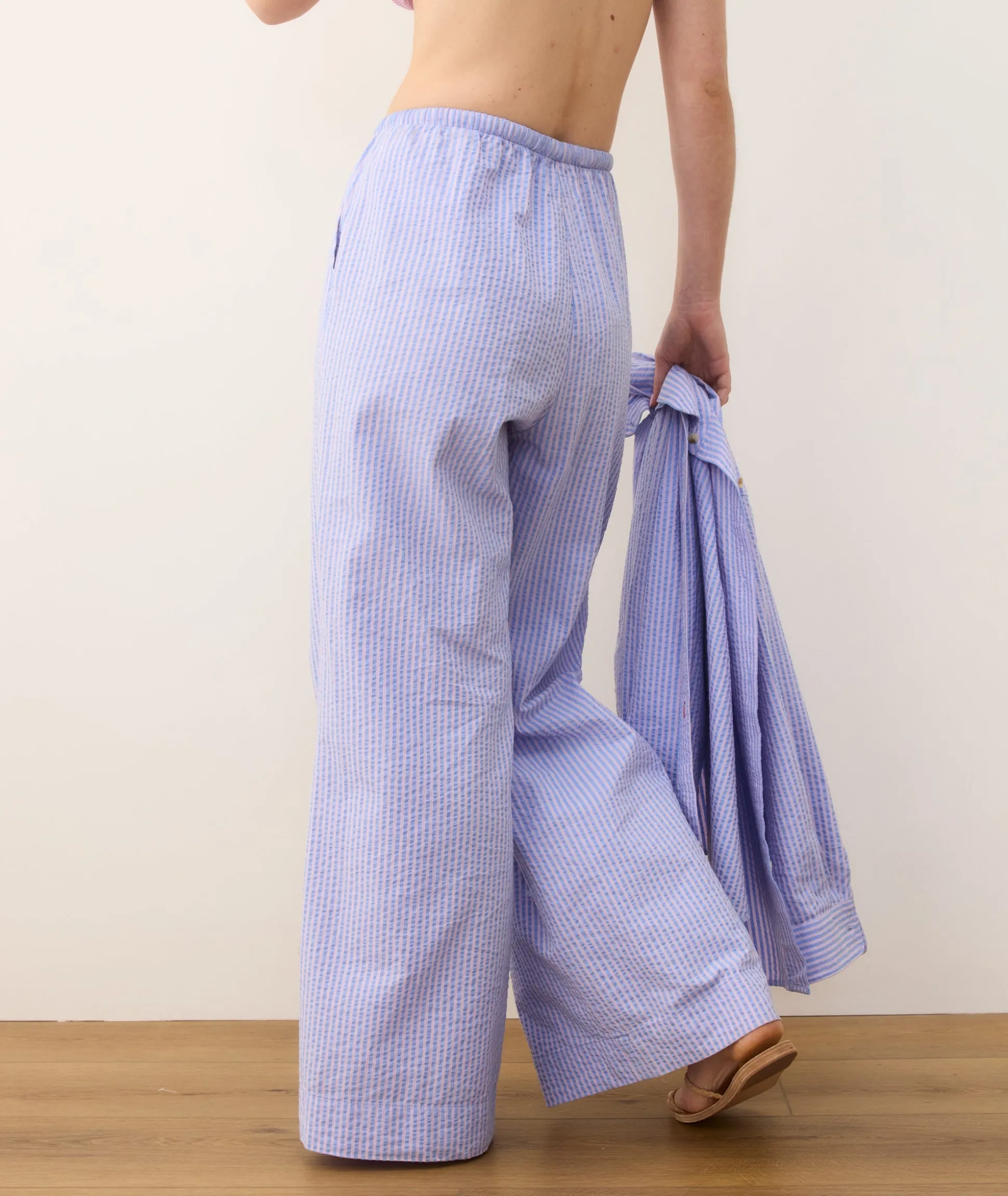 Seersucker Drawstring Wide Leg Pant