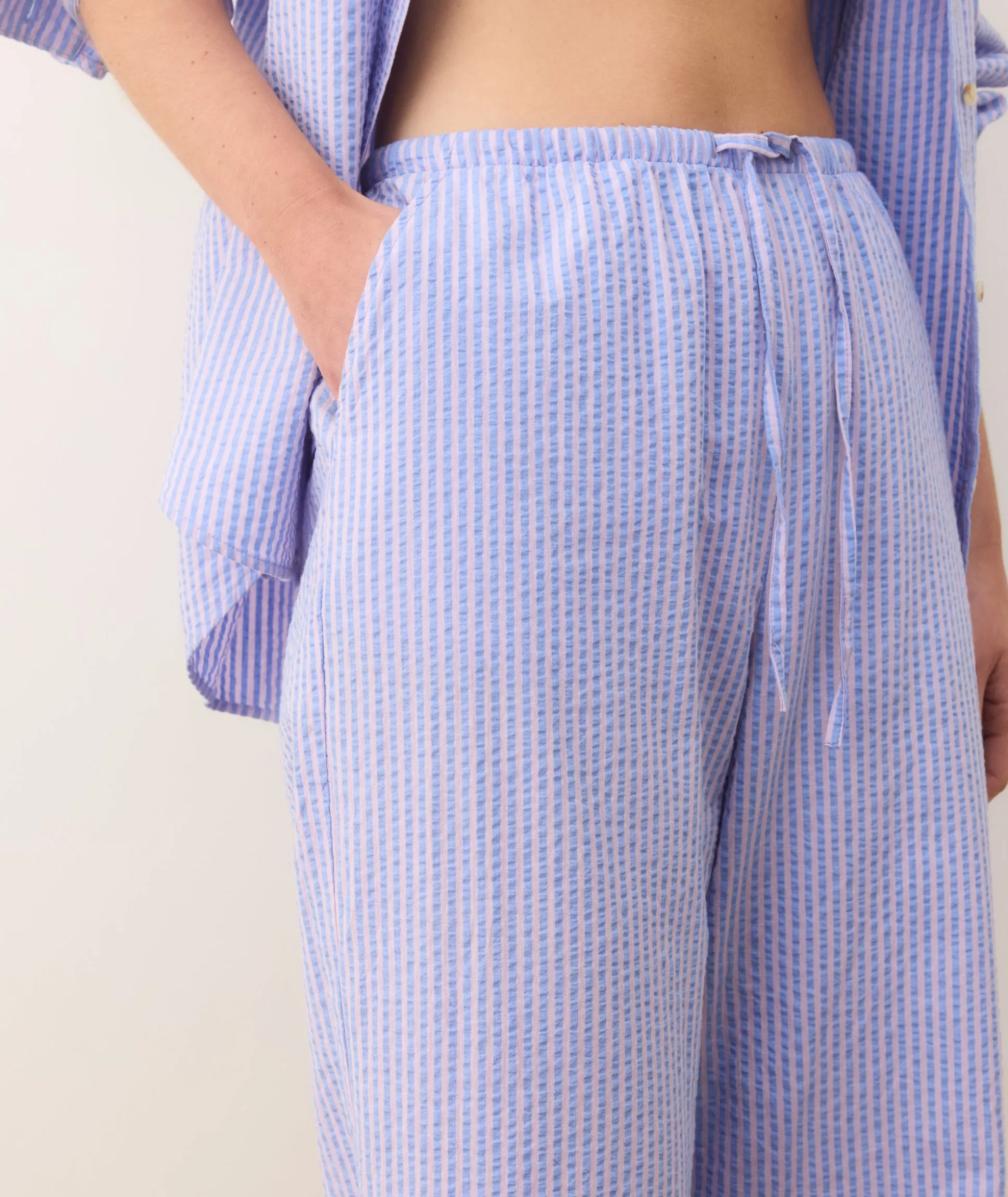 Seersucker Drawstring Wide Leg Pant